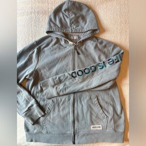 Life Is Good Blue Gray Hoodie w Sleeve Logo, Peace Sign. Men’s L